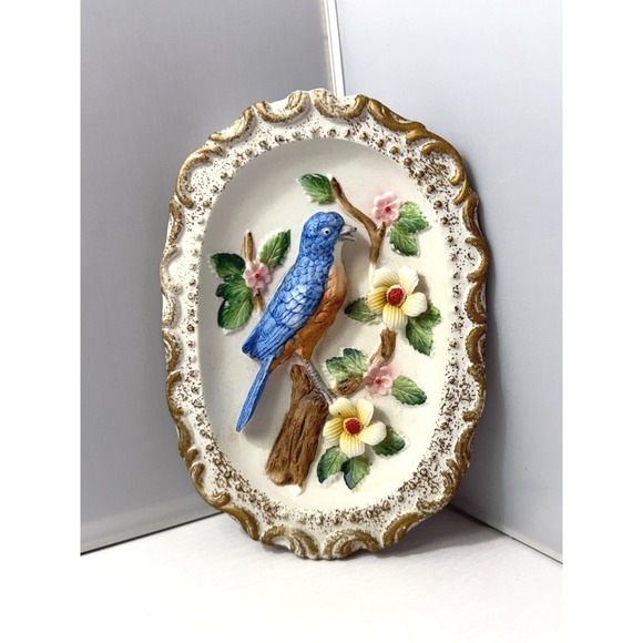 Homco Other - Vintage HOMCO Porcelain Bird Decor Wall Plaque Blue Floral 3D Relief